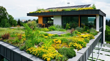 Fototapeta na wymiar Photovoltaic panels combined with a green roof are an ecological and modern sustainable solution