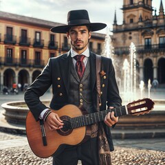 traditional sevillan spanish man dressed with traditional suit and hat and playing guitar