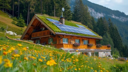 Green roof and photovoltaic panels on the roof of an ecological building in accordance with the principles of sustainable development - 753063212