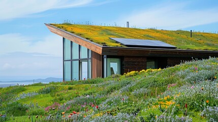 Photovoltaic panels combined with a green roof are an ecological and modern sustainable solution - 753063216