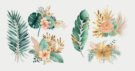 Elegant Collection of Watercolor Floral Elements with Lush Greenery, Blooming Flowers, and Golden Accents for Invitations, Decor