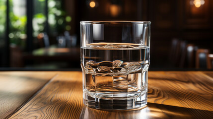 Glass of pure water on wooden table indoors space