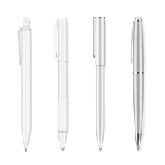 Realistic writing pens mock up. Grey white plastic ballpens template. Png clipart isolated on transparent background