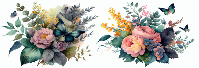 Elegant Watercolor Floral Arrangements with Vibrant Butterflies, Perfect for Invitations, Greetings, and Wall