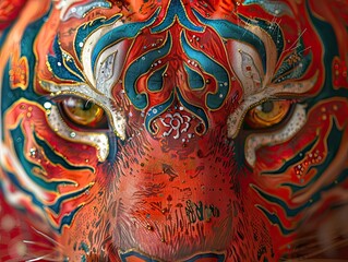 A close-up of an intricately painted mask with vibrant colors and patterns