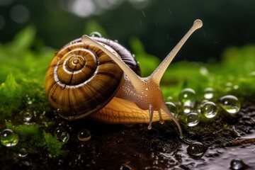 Snail on moss with rain drops close up. Natural background. Wildlife Concept with Copy Space. 