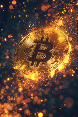 Golden Bitcoin logo in fire particles 