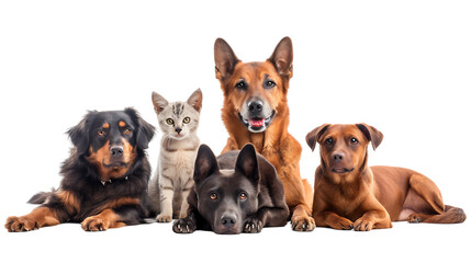 Group of pets together over white banner isolated on transparent background