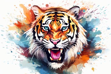 Tiger head on colorful watercolor splashes background, flat vector of a tiger using watercolor background white solid