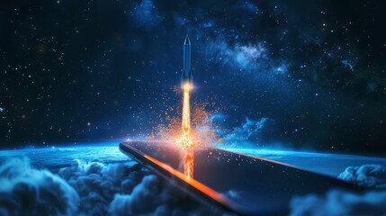 A graphic concept of a rocket launching from a smartphone screen, symbolizing connectivity and technological innovation.
generative ai