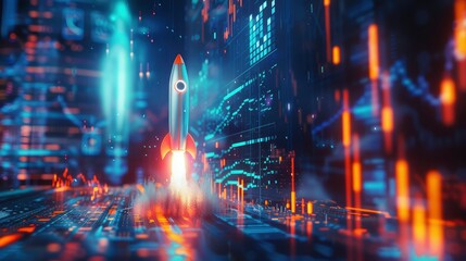 A 3D rendering of a rocket with a Bitcoin logo ascending on a dynamic stock market chart background.
Generative ai - obrazy, fototapety, plakaty
