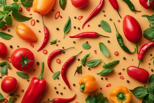 Fresh vegetables and spices on color background, top view. Space for text, banner food spicy