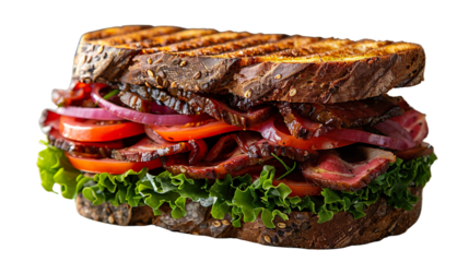 grilled beef steak sandwich, pastrami sandwich with bread with seeds isolated on white background