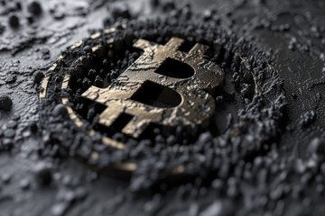 Golden bitcoin logo as symbol lost in black mud