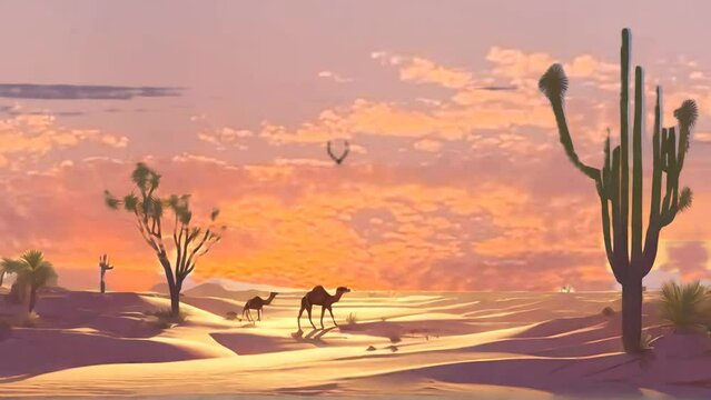 Silhouette of Camel Trekking Across the Desert Sands at Sunset. Majestic Desert Landscape Scene. Seamless looping 4k timelapse virtual video animation background generated AI 