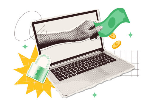 Trendy Halftone Safe Online Payments Halftone Collage. Hand from computer monitor holds money. Financial transactions and investments. Currency exchange concept. Y2k vector illustration