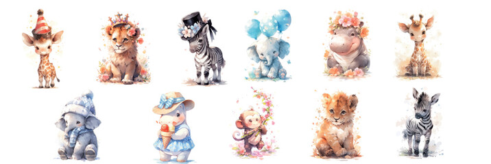 Adorable Watercolor Illustrations of Baby Animals in Festive Attire, Perfect for Nursery Decor, Children’s Books, and Celebratory