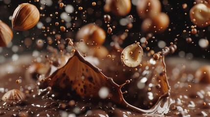 Chocolate splashes with crushed peanuts close-up - obrazy, fototapety, plakaty