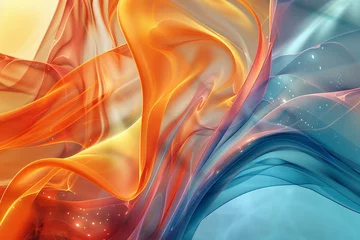 Fotobehang Trendy liquid 3D illustration background of orange teal blue waves, modern flowing gradient abstract, wallpaper banner with copy space for branding and product presentation, institution talks web © SappiStudio