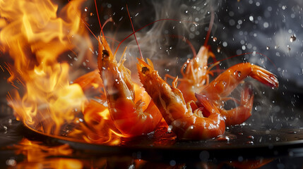 Freeze Motion of Wok Pan with Flying Ingredients , Fire Flames.