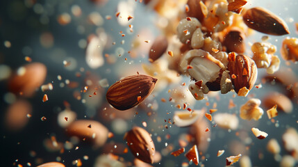 Freeze motion of flying mix of nuts. Studio shot.