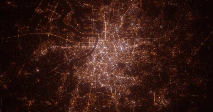 Antwerp (Belgium) aerial view at night. Satellite view on modern city with street lights. Camera is flying above the city, moving forward