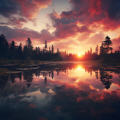 Dreamy sunset over a tranquil lake.