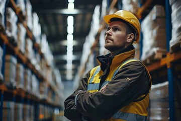 Warehouse Worker Contemplating in Storage Aisle