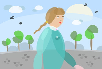 An illustrated woman walking in a city made with colored rounded shape pretty in a shopping day