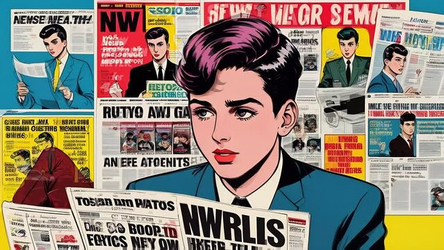 Young Man Reading Newspaper in Front of Wall of Newspapers Generative AI