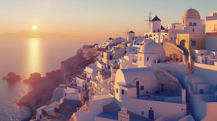 Beautiful Santorini Greece Panoramic Background, Travel Holliday Summer Wallpaper, Render, Illustration - obrazy, fototapety, plakaty