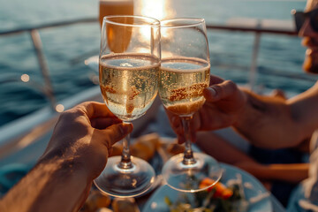 Cheering with cocktails, group of friends relaxing on luxury yacht at sunset, drinking cocktails. Boat party, clinking glasses, boat trip, cruise ship. Luxury lifestyle, summer vacation concept