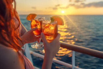 Cheering with cocktails, group of friends relaxing on luxury yacht at sunset, drinking cocktails. Boat party, clinking glasses, boat trip, cruise ship. Luxury lifestyle, summer vacation concept