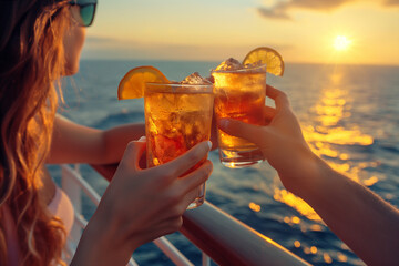 Cheering with cocktails, group of friends relaxing on luxury yacht at sunset, drinking cocktails. Boat party, clinking glasses, boat trip, cruise ship. Luxury lifestyle, summer vacation concept
