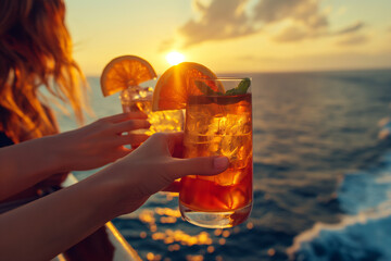 Cheering with cocktails, group of friends relaxing on luxury yacht at sunset, drinking cocktails....
