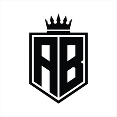 AB Logo monogram bold shield geometric shape with crown outline black and white style design