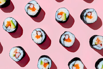 Sushi rolls pattern top view isolated on pastel background. Assorted tasty sushi rolls, Japanese cuisine, traditional delicious Japanese dish