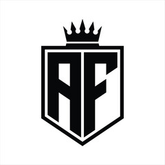 AF Logo monogram bold shield geometric shape with crown outline black and white style design