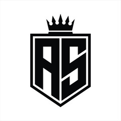 AS Logo monogram bold shield geometric shape with crown outline black and white style design