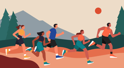 Group of People Running on the Mountain Path, Extreme Sport and Outdoor Activity Concept, Vector Flat Illustration Design - obrazy, fototapety, plakaty