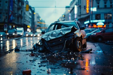 Post-Rain Car Wreck in Urban Evening