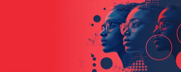 Red and Indigo background, technology diversity and inclusion program. Banner for the event, two profile images of afro american women with glasses and earings, set against an abstract background.  - Powered by Adobe