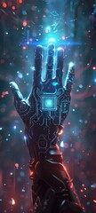 Business hand with glowing AI chip symbol cybernetic space lighting - obrazy, fototapety, plakaty