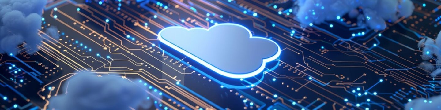 Circuit board with AI chipset cloud computing innovation digital blue sparks