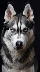 a Siberian Husky close-up portrait looking direct in camera with low-light, black backdrop. Siberian Husky dog portrait, snow and ice