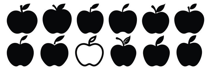 Apple fruit silhouettes set, large pack of vector silhouette design, isolated white background