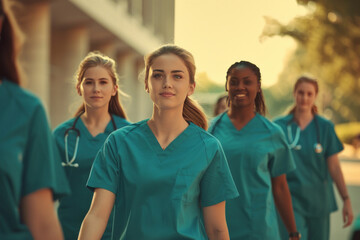 team of medical students young women in scrubs walk together on a university hospital campus