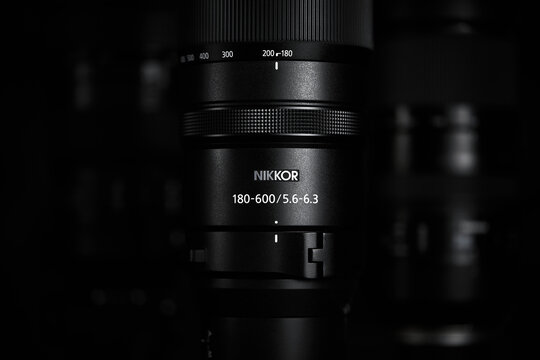 Super telephoto lenses on a blurred background. The NIKKOR Z 180-600mm f 5.6-6.3 VR in the foreground. Professional photo and video optical lenses for digital camera. 20.02.2024, Yerevan, Armenia
