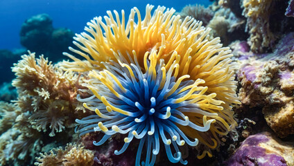 close-up of an anemone with a thousand delicately colored tentacles under the surface of the sea