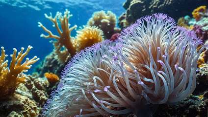 close-up of an anemone with a thousand delicately colored tentacles under the surface of the sea